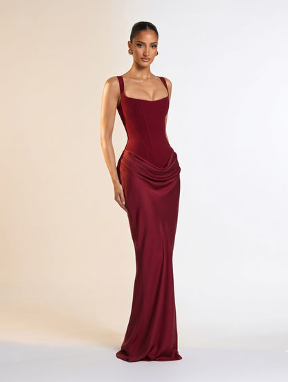 Red Long Dress / S Square Low Neck Prom Dress/ Solid Pleated Sling Dress