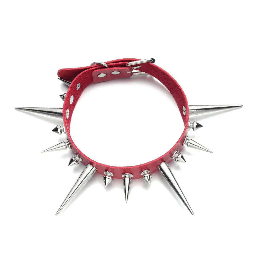 red Long Spike Choker Punk Faux Leather Collar For Women & Men / Goth Necklace Accessories