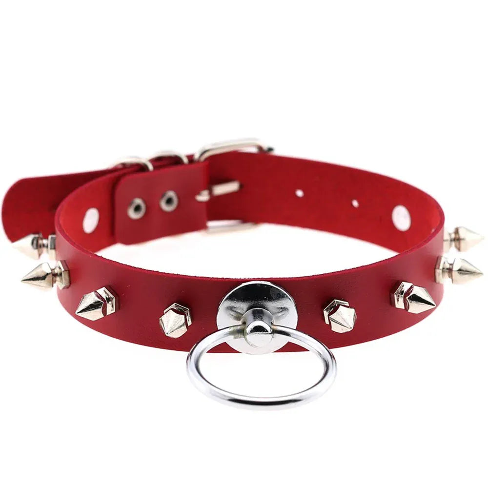 red Vintage Circle Circle Leather Collar Punk Rivet Spikes Choker Necklace For Women Rock Neck Strap Fashion Party Jewelry