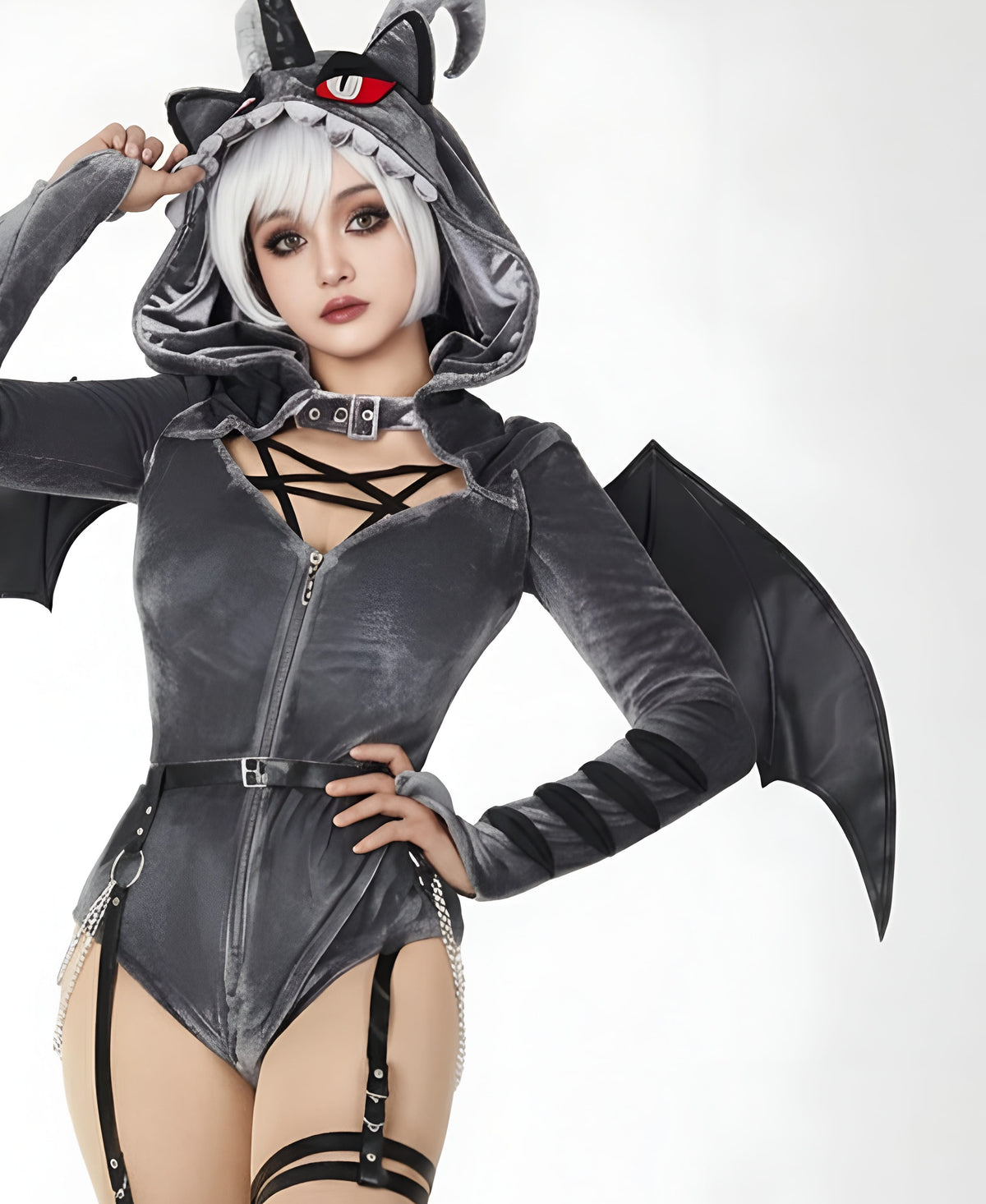 Rhydon Jumpwear Gothic Dark Style Bodysuit /Plush Hooded Detachable Wings