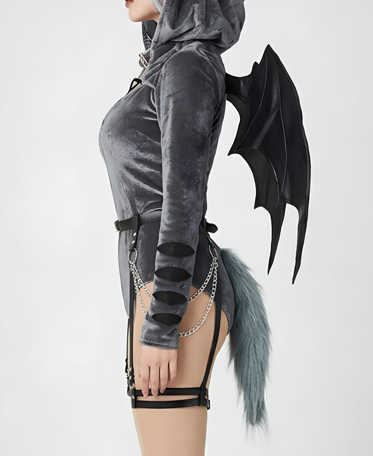 Rhydon Jumpwear Gothic Dark Style Bodysuit /Plush Hooded Detachable Wings