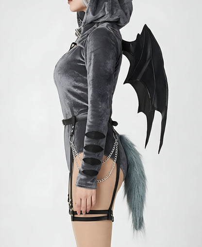 Rhydon Jumpwear Gothic Dark Style Bodysuit /Plush Hooded Detachable Wings
