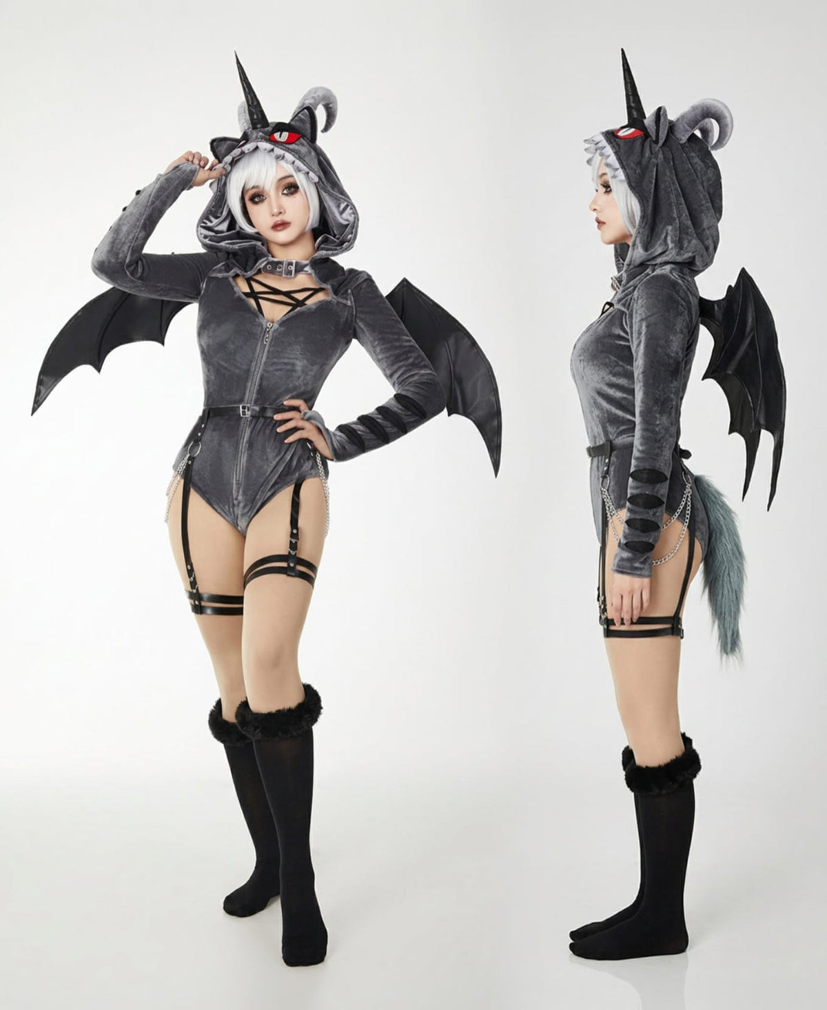 Rhydon Jumpwear Gothic Dark Style Bodysuit /Plush Hooded Detachable Wings