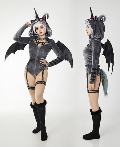Rhydon Jumpwear Gothic Dark Style Bodysuit /Plush Hooded Detachable Wings