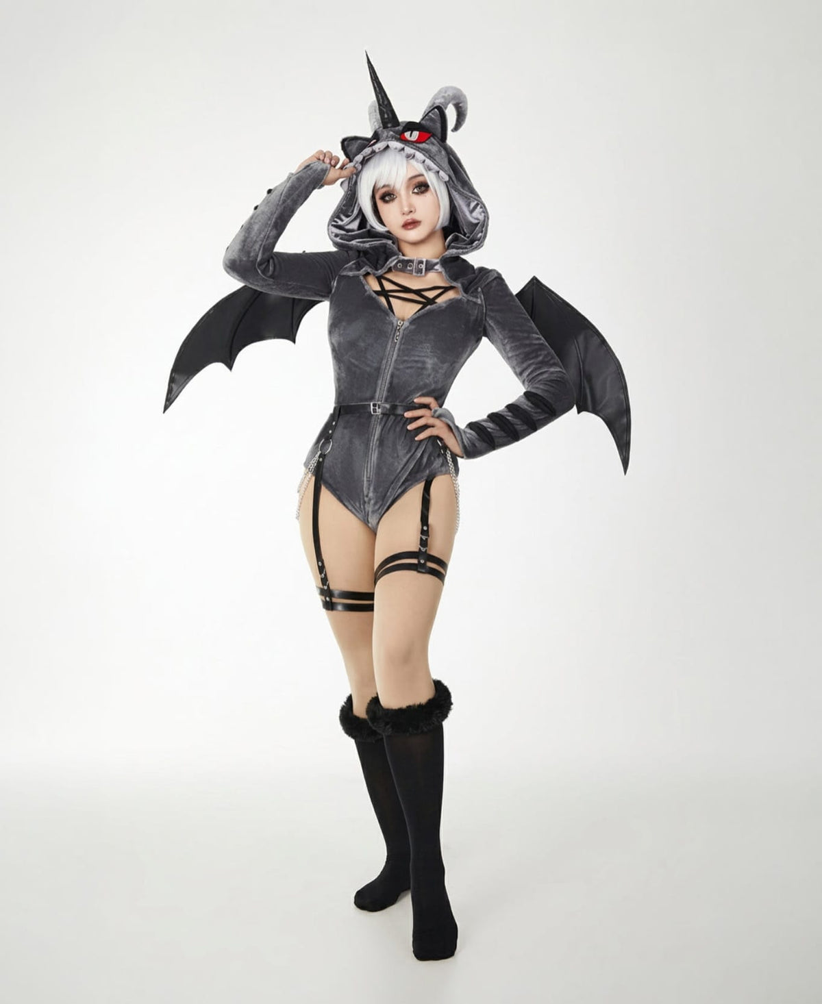 Rhydon Jumpwear Gothic Dark Style Bodysuit /Plush Hooded Detachable Wings