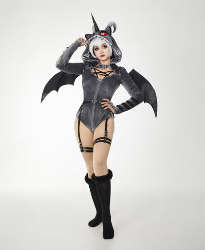 Rhydon Jumpwear Gothic Dark Style Bodysuit /Plush Hooded Detachable Wings