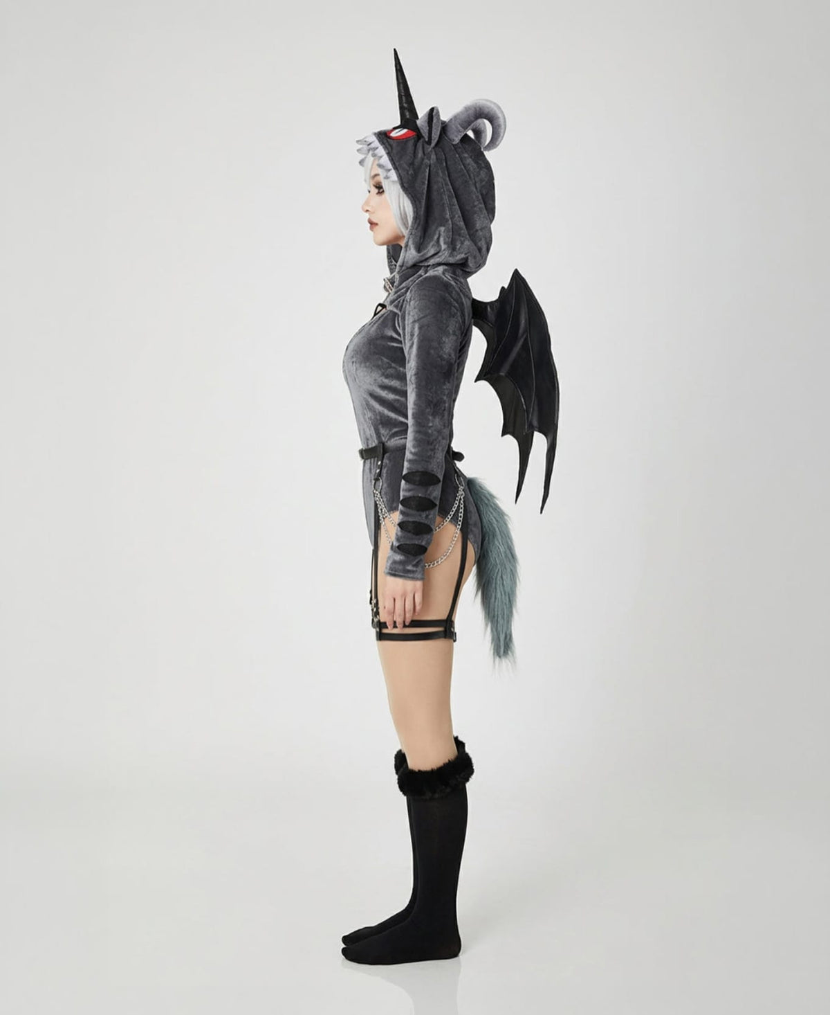 Rhydon Jumpwear Gothic Dark Style Bodysuit /Plush Hooded Detachable Wings