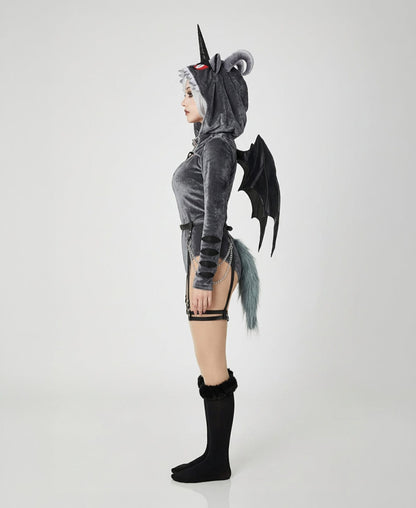 Rhydon Jumpwear Gothic Dark Style Bodysuit /Plush Hooded Detachable Wings