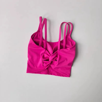 Rose Red / S Women's Back knotted Sports Bra / High Impact Gym (Victorious Titanium Mesh)