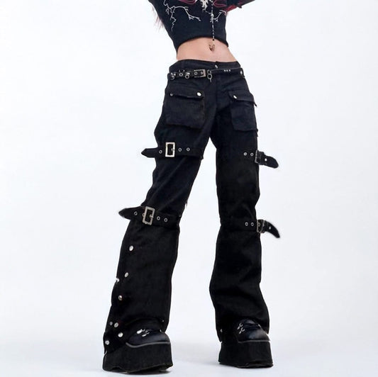 S Black Goth Cargo Jeans with Multi Pockets Metal Buckle & Belt