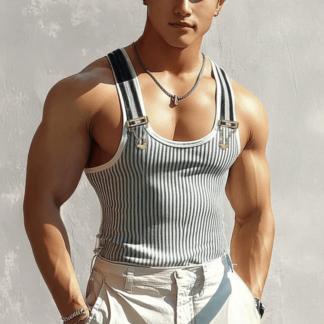 S / Blue Striped Patchwork with Supenders Tank Top