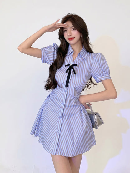 S / Skirt + Shorts Kpop Star Blue Striped Bubble Sleeve Shirt Dress