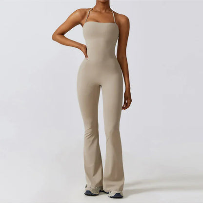 Sandy Color / S Women Sleeveless Yoga Jumpsuit/ Gym Flared Overalls (Victorious SynthWave)