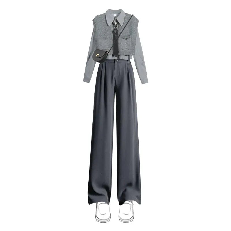Set 01 / 3XL(72.5-80Kg) Women's 2025 Spring New Chic Long Sleeved Shirt+Vest+Casual Pants Three Piece Korean Elegant Casual Matching Set Female Suit