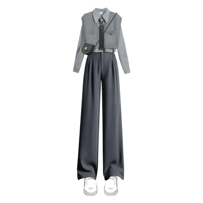 Set 01 / 3XL(72.5-80Kg) Women's 2025 Spring New Chic Long Sleeved Shirt+Vest+Casual Pants Three Piece Korean Elegant Casual Matching Set Female Suit