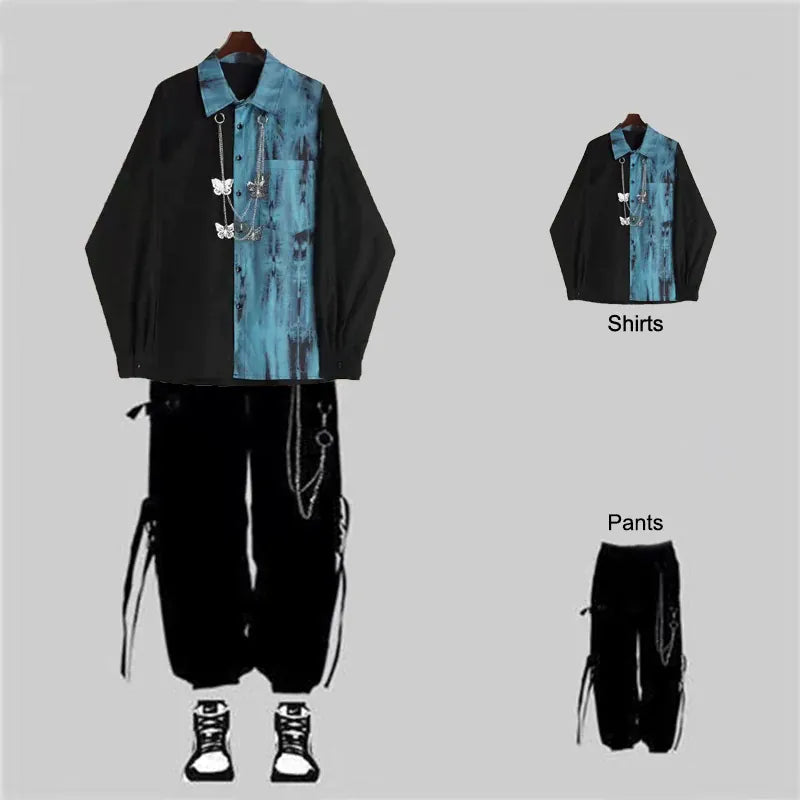 Set long-sleeve / Asian size M ARENS 2025 Spring Autumn Unisex Harajuku BF Loose Cargo Pants Long-Sleeved tie-dye Shirt+Handsome Chain Pants Two-Piece Set Suit