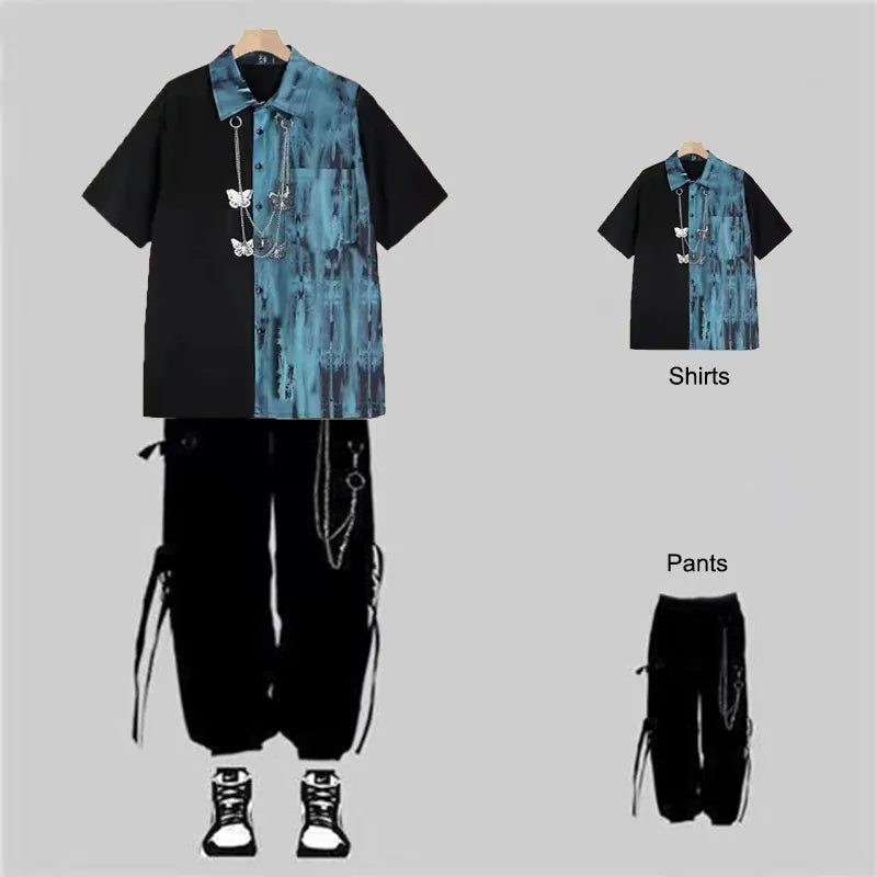 Set short-sleeve / Asian size M ARENS 2025 Spring Autumn Unisex Harajuku BF Loose Cargo Pants Long-Sleeved tie-dye Shirt+Handsome Chain Pants Two-Piece Set Suit