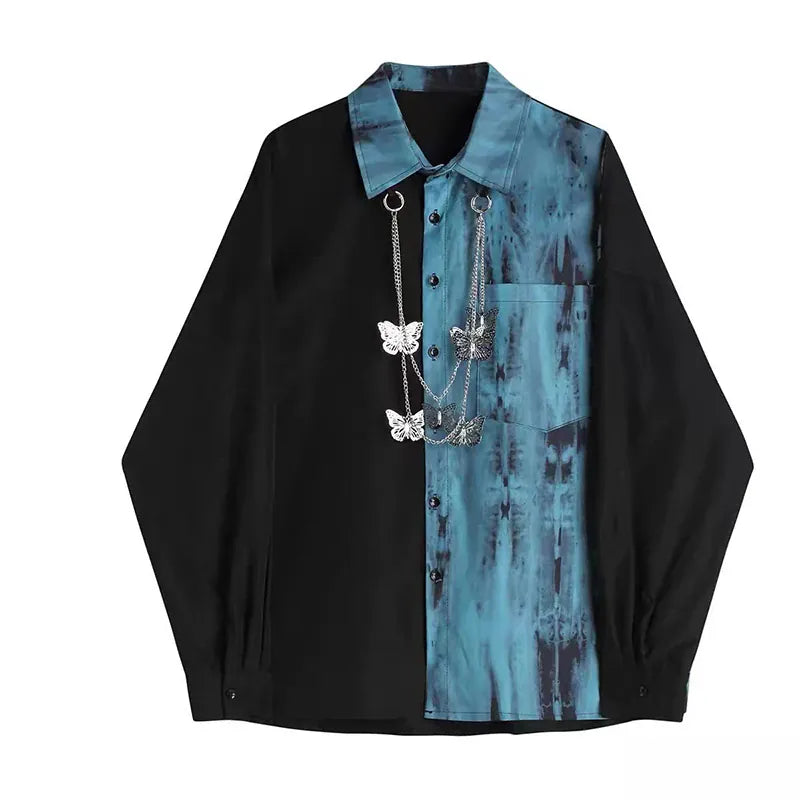 Shirts long-Sleeve / Asian size M ARENS 2025 Spring Autumn Unisex Harajuku BF Loose Cargo Pants Long-Sleeved tie-dye Shirt+Handsome Chain Pants Two-Piece Set Suit