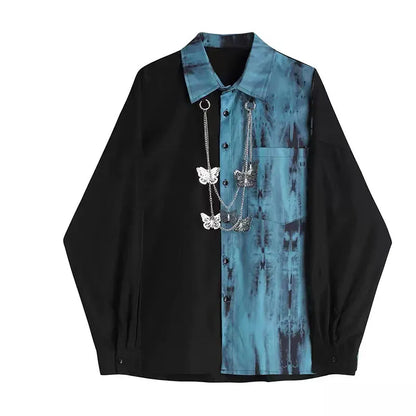 Shirts long-Sleeve / Asian size M ARENS 2025 Spring Autumn Unisex Harajuku BF Loose Cargo Pants Long-Sleeved tie-dye Shirt+Handsome Chain Pants Two-Piece Set Suit