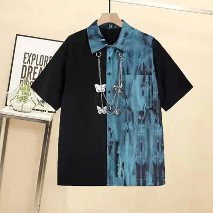 Shirts short-Sleeve / Asian size M ARENS 2025 Spring Autumn Unisex Harajuku BF Loose Cargo Pants Long-Sleeved tie-dye Shirt+Handsome Chain Pants Two-Piece Set Suit
