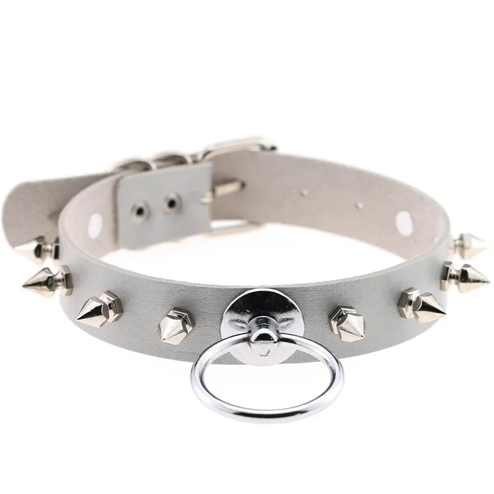 silver color Vintage Circle Circle Leather Collar Punk Rivet Spikes Choker Necklace For Women Rock Neck Strap Fashion Party Jewelry