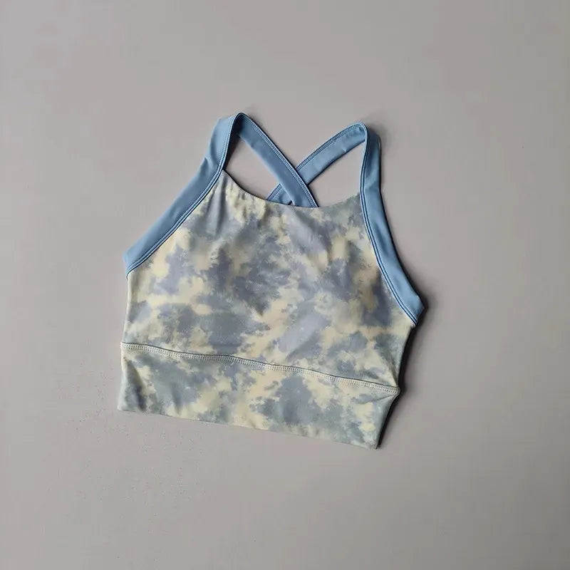 Sky Blue / S Women Cross Strap Nature Pattern Sports Bra/ Yoga Gym Crop Top