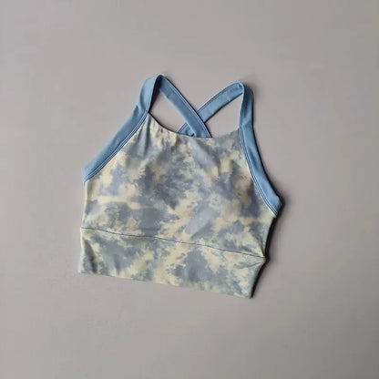 Sky Blue / S Women Cross Strap Nature Pattern Sports Bra/ Yoga Gym Crop Top