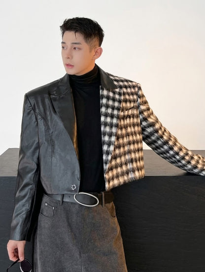 Spliced Faux-Leather and Plaid Cropped Jacket