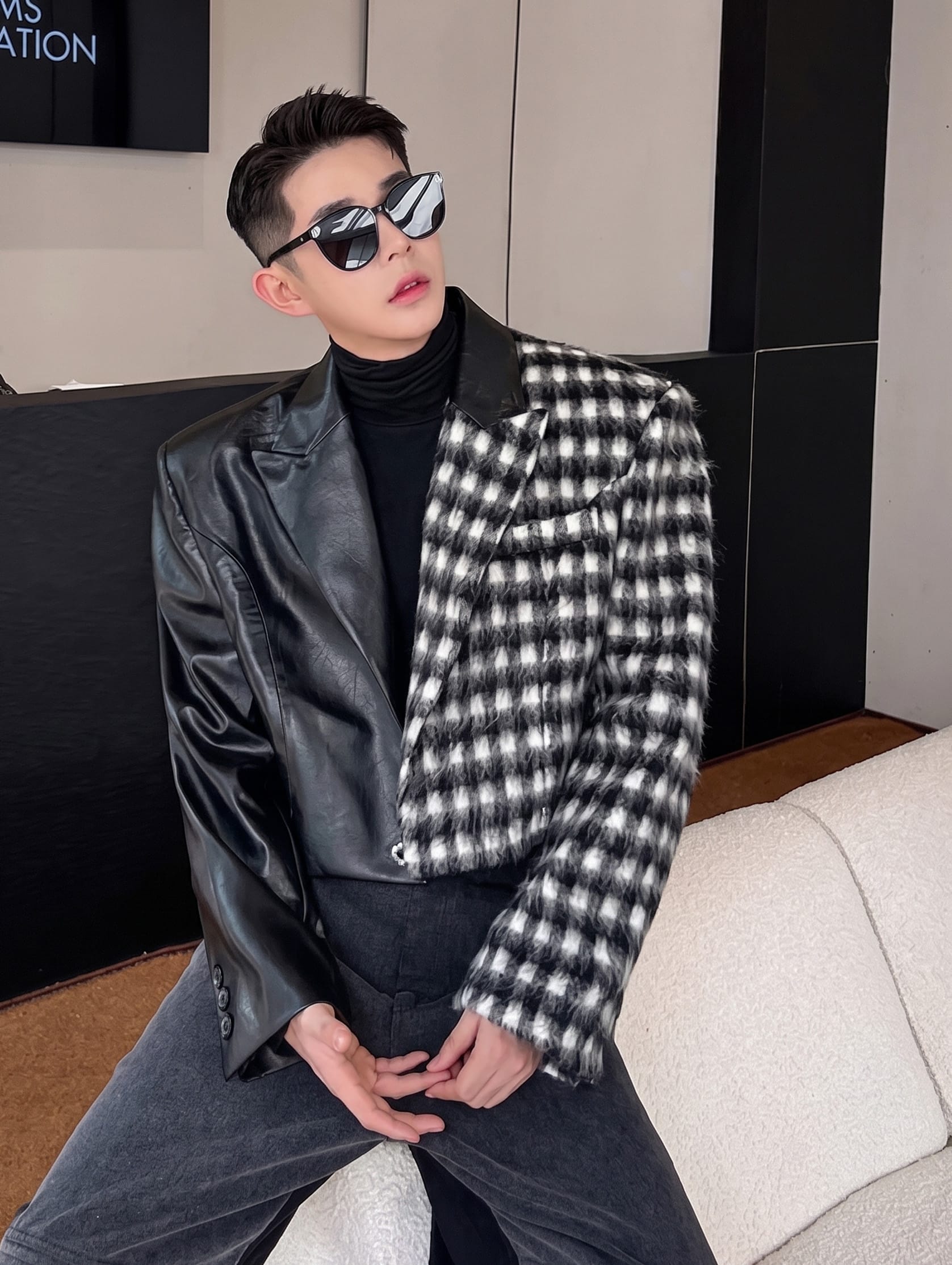 Spliced Faux-Leather and Plaid Cropped Jacket