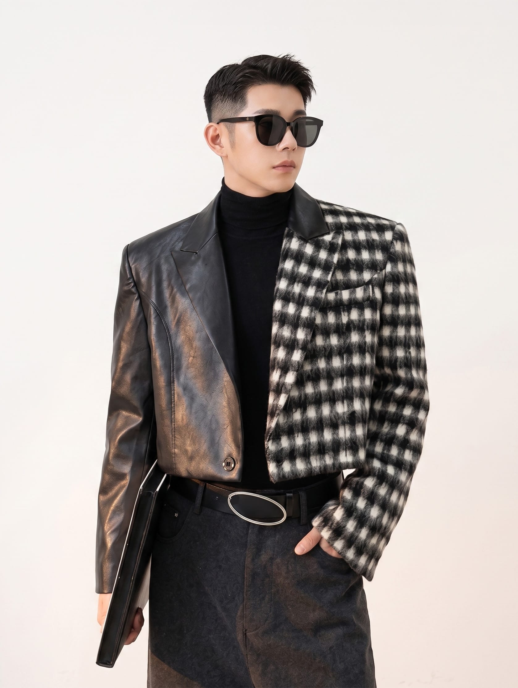 Spliced Faux-Leather and Plaid Cropped Jacket
