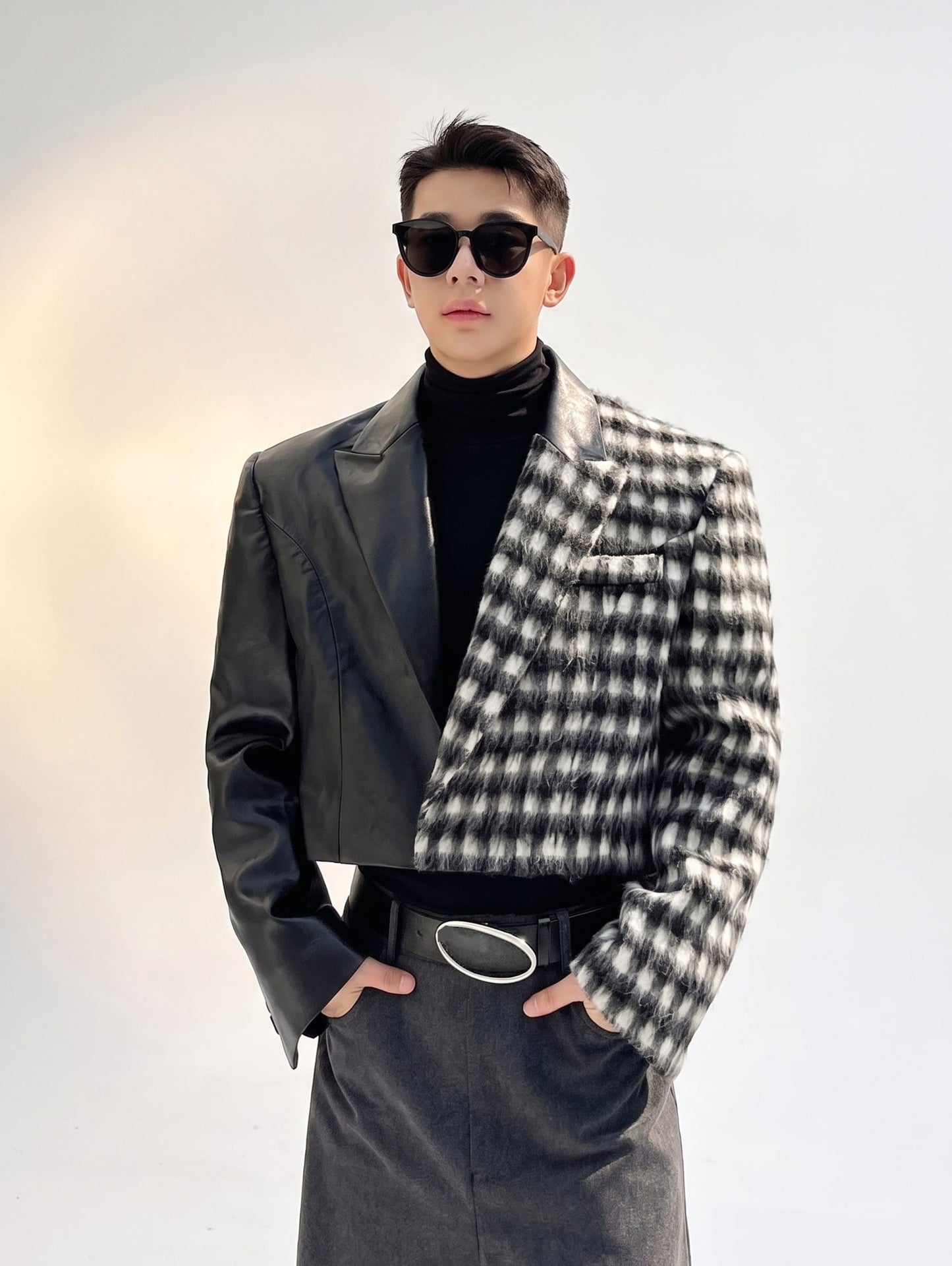 Spliced Faux-Leather and Plaid Cropped Jacket