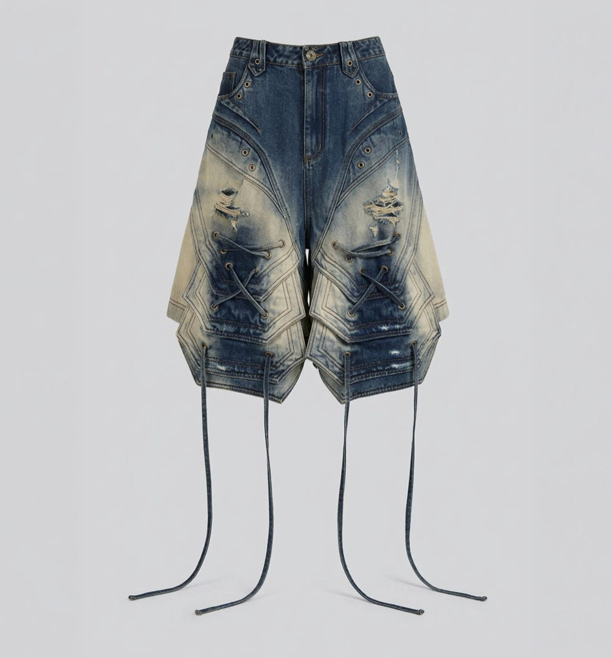 Streetwear Lace Up Cargo Denim Pants / Loose Wide Leg Cropped Pants
