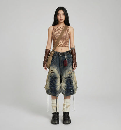 Streetwear Lace Up Cargo Denim Pants / Loose Wide Leg Cropped Pants