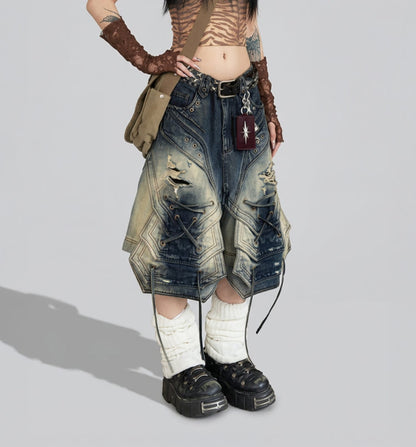 Streetwear Lace Up Cargo Denim Pants / Loose Wide Leg Cropped Pants