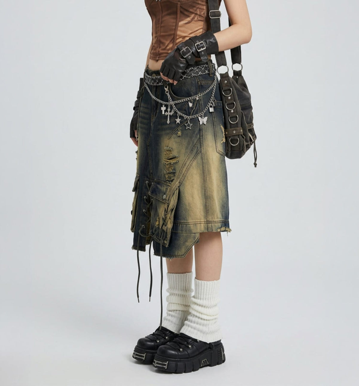 Streetwear Lace Up Cargo Denim Pants / Loose Wide Leg Cropped Pants