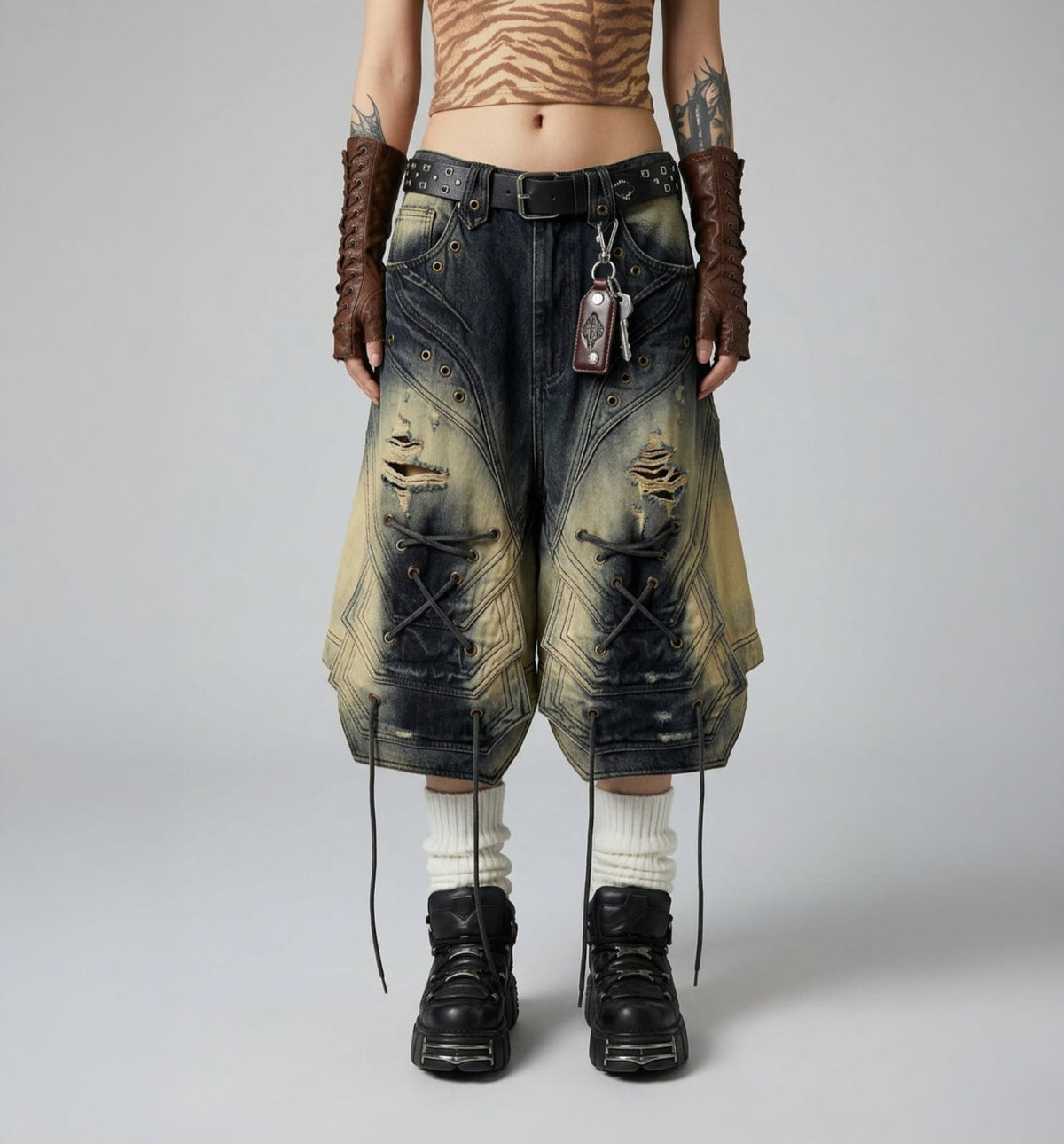 Streetwear Lace Up Cargo Denim Pants / Loose Wide Leg Cropped Pants