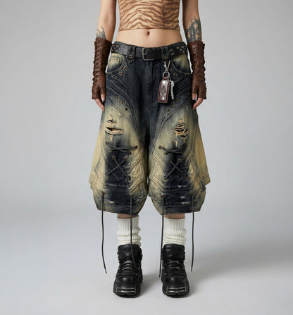 Streetwear Lace Up Cargo Denim Pants / Loose Wide Leg Cropped Pants