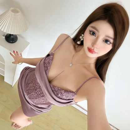SylCue Sequins Patchwork Sling Dress Woman Low-Neck Backless Sleeveless Shape Waist Sweet Girls Birthday Party Elegant Bodycon