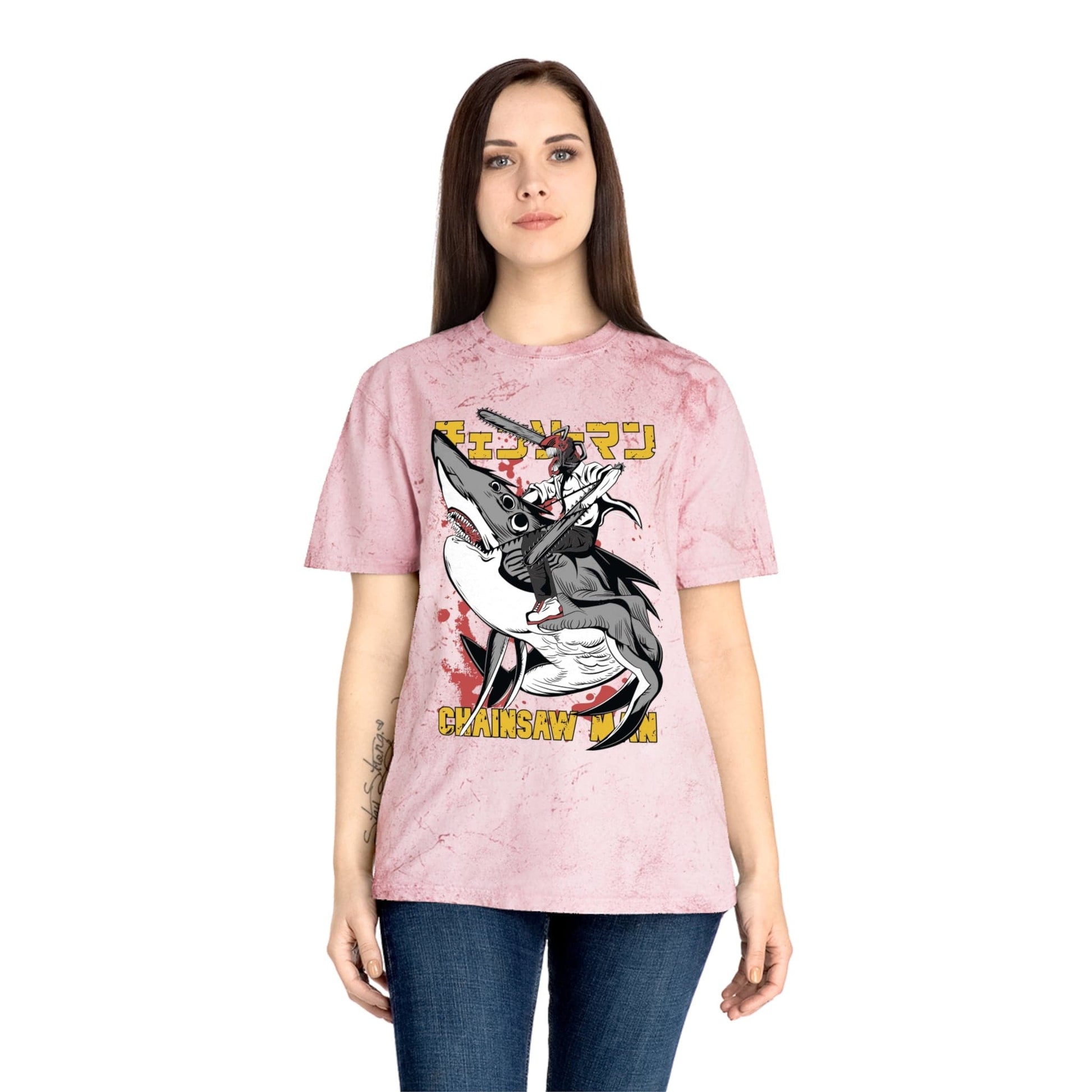 T-Shirt Anime Chainsaw Man (Denji Shark Saw Rampage) T-shirt - Tie Dye Style - Vintage