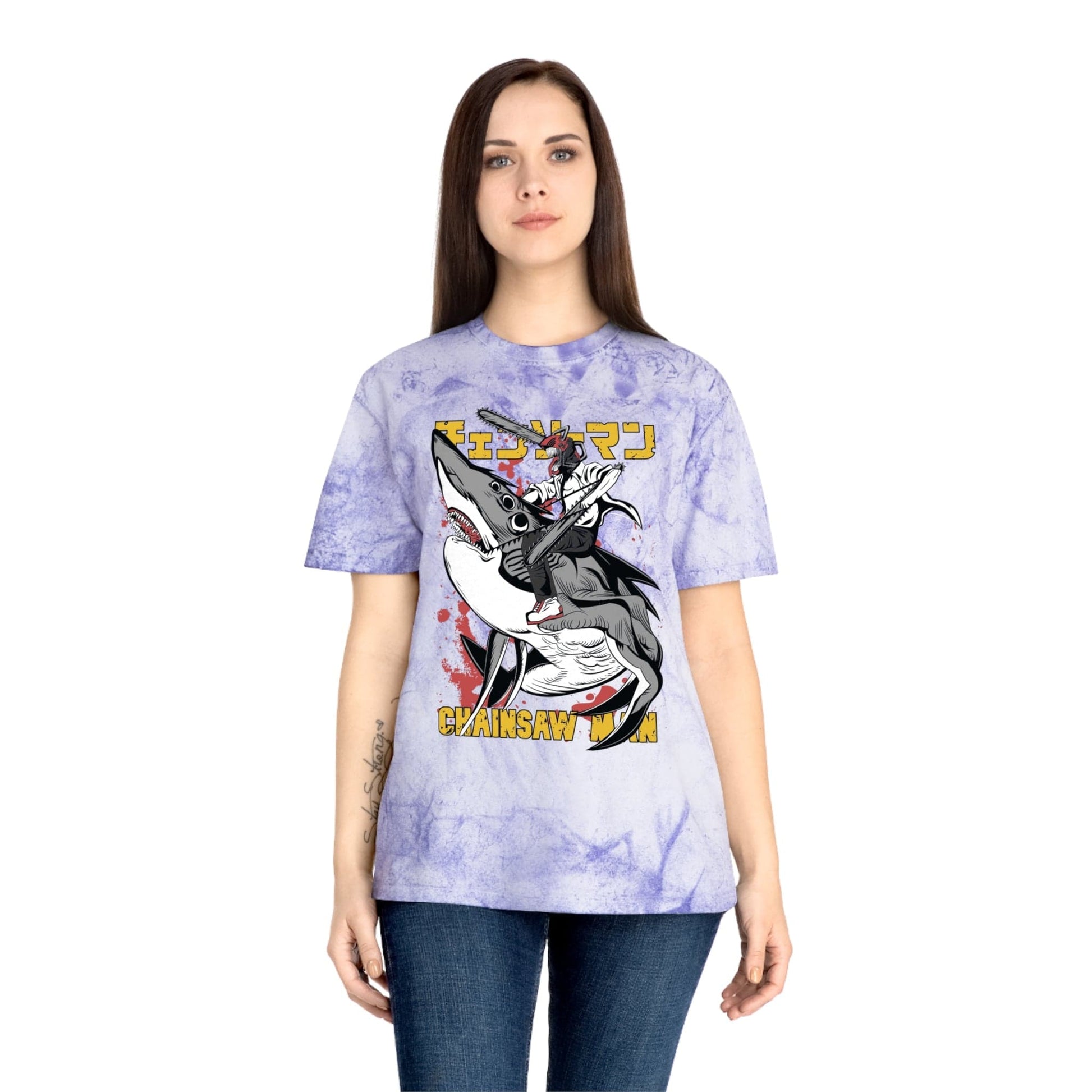 T-Shirt Anime Chainsaw Man (Denji Shark Saw Rampage) T-shirt - Tie Dye Style - Vintage