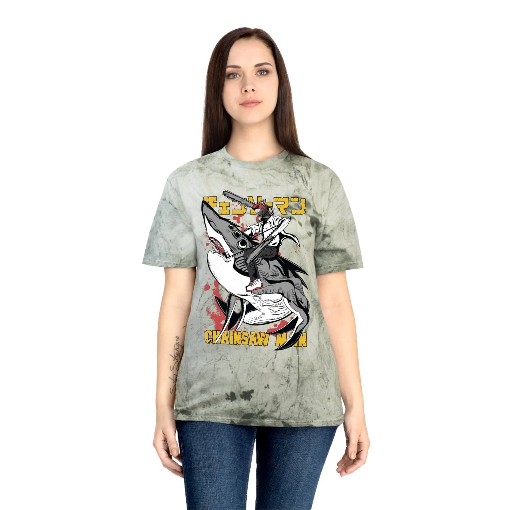 T-Shirt Anime Chainsaw Man (Denji Shark Saw Rampage) T-shirt - Tie Dye Style - Vintage