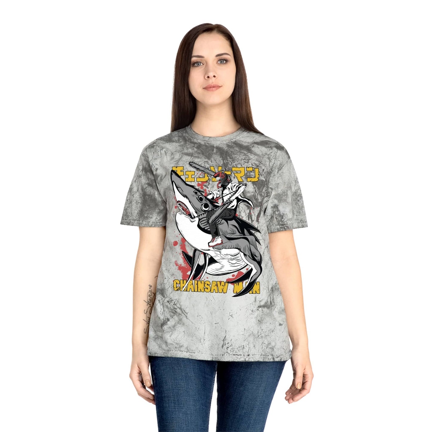 T-Shirt Anime Chainsaw Man (Denji Shark Saw Rampage) T-shirt - Tie Dye Style - Vintage