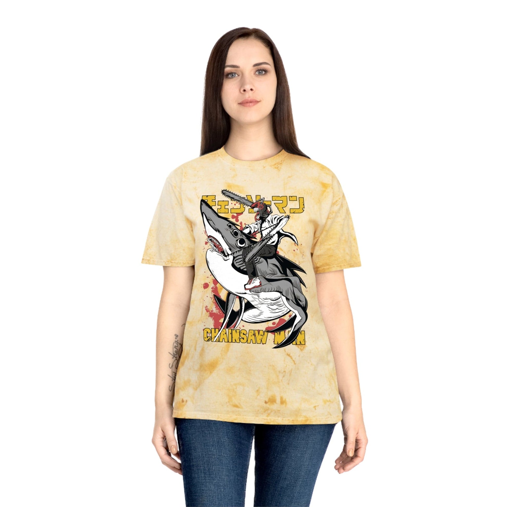 T-Shirt Anime Chainsaw Man (Denji Shark Saw Rampage) T-shirt - Tie Dye Style - Vintage