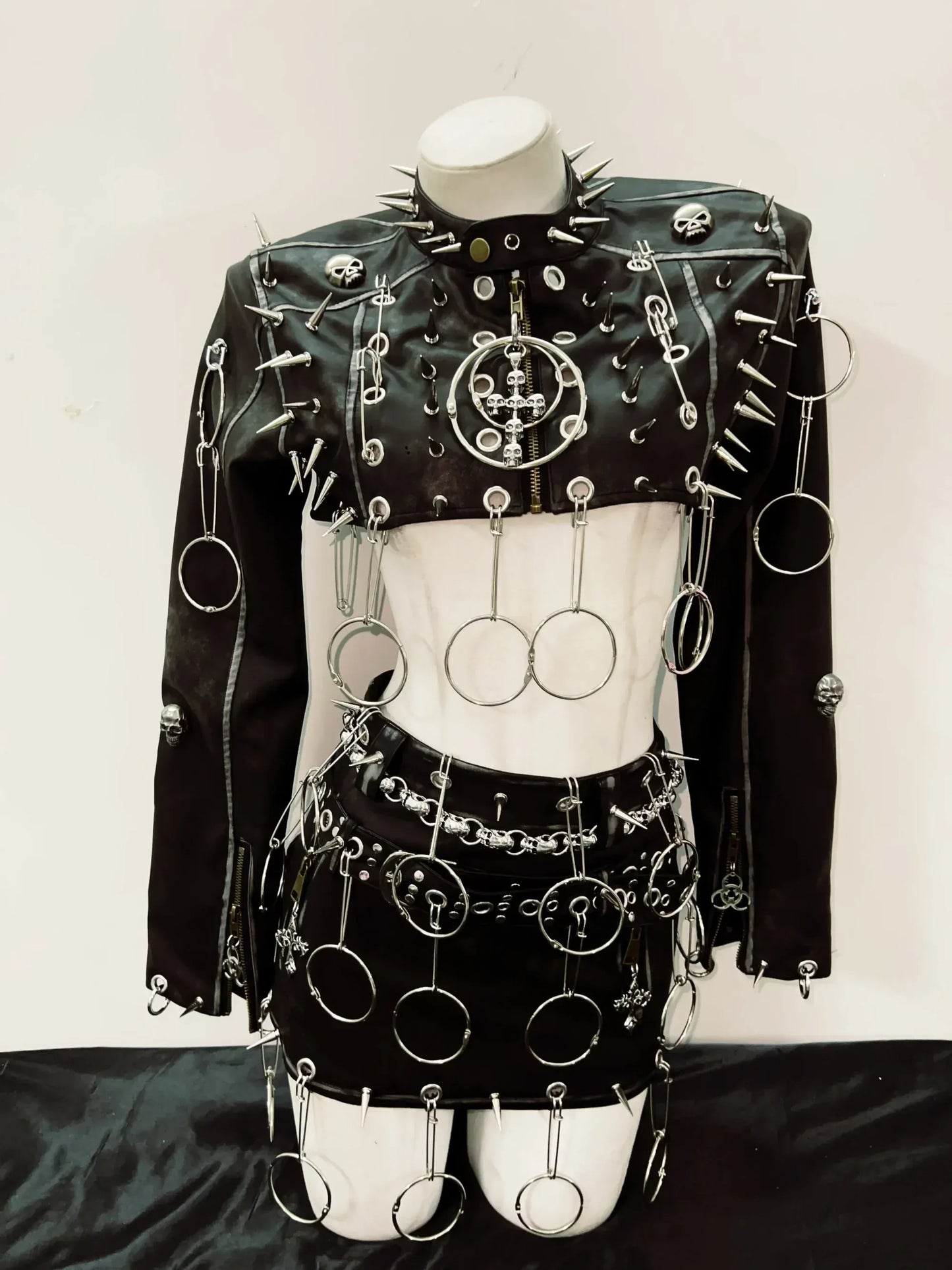 The whole set / S Punk Jacket Leather & Skirt /Full Set Gothic Spikes Outfit