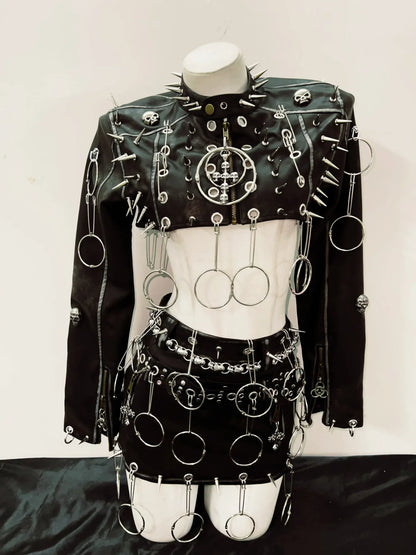 The whole set / S Punk Jacket Leather & Skirt /Full Set Gothic Spikes Outfit