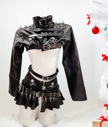 Gothic Leather Punk Crop Top and Skirt