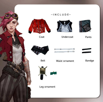 VI Hextech Ember No Wig / XS Vi Arcane Season 1 Cosplay Costume – Red Jacket Classic & Blue Enforcer Uniform