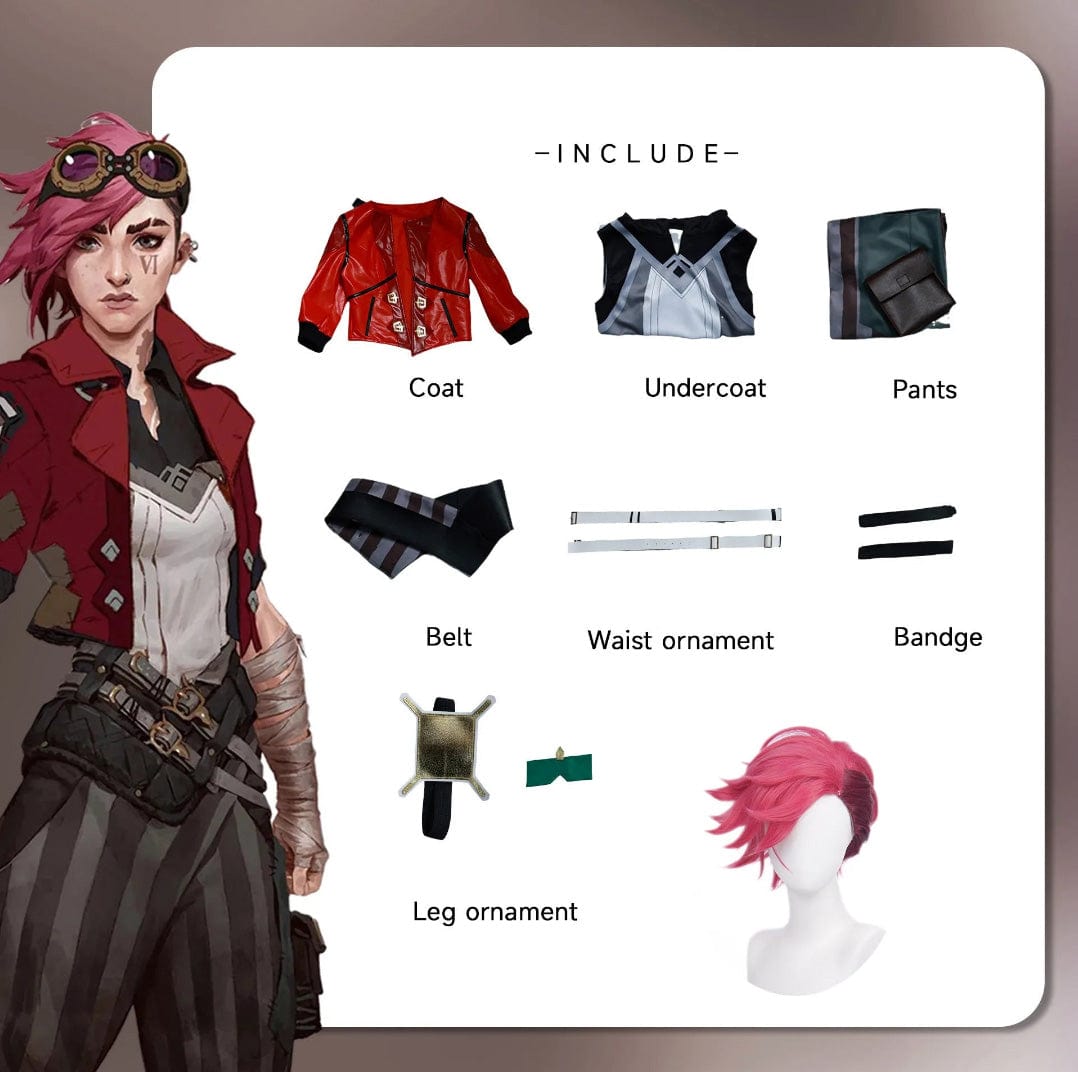 VI Wig and Hextech Ember / XS Vi Arcane Season 1 Cosplay Costume – Red Jacket Classic & Blue Enforcer Uniform