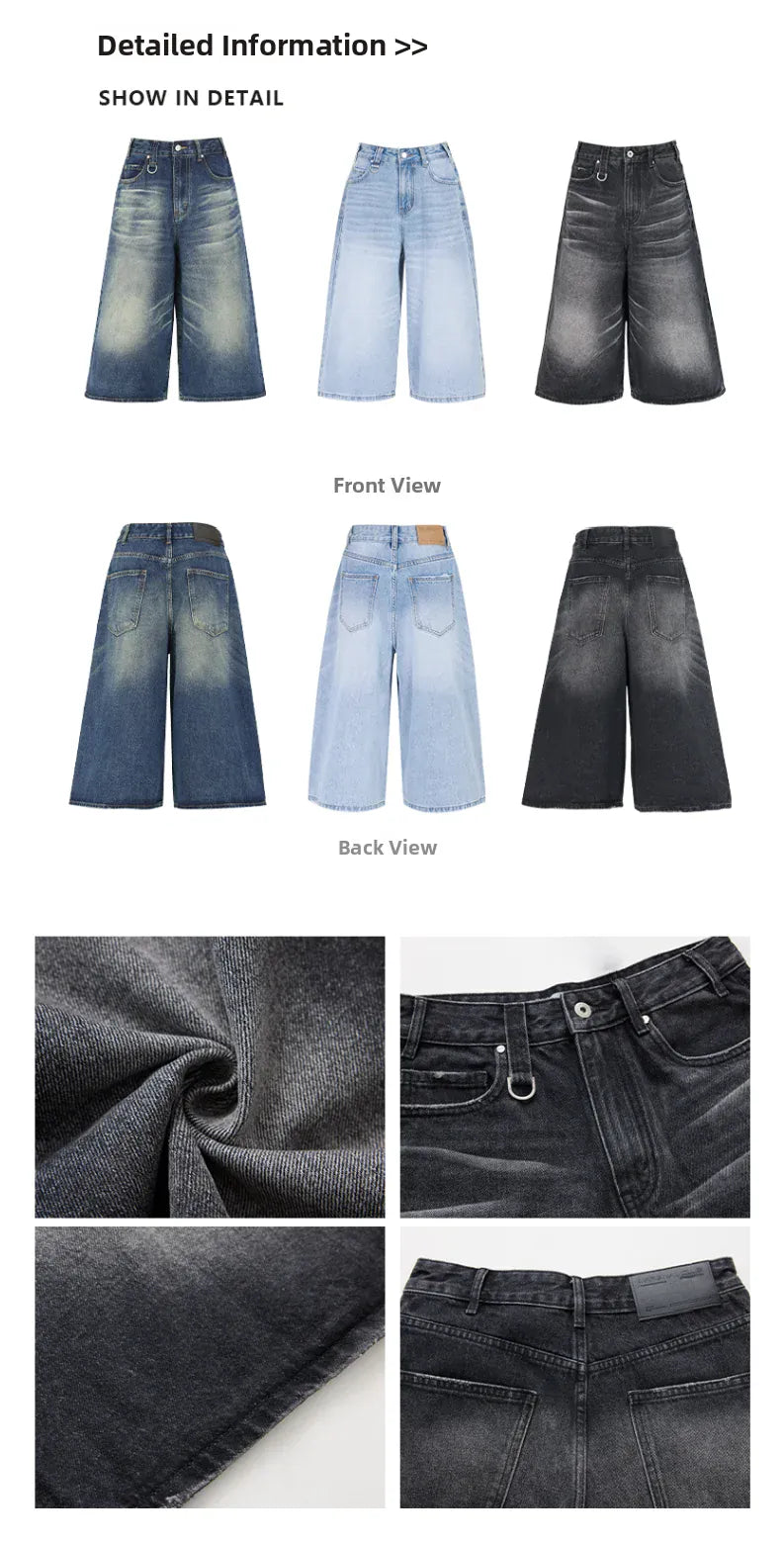 Victorious American Deep Blue Wide Leg Seven-Foot Denim - Korean Fashion