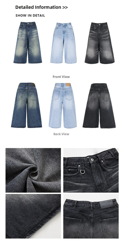 Victorious American Deep Blue Wide Leg Seven-Foot Denim - Korean Fashion